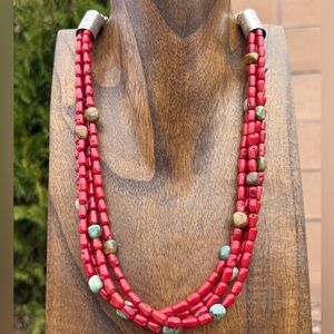 Sterling Silver Multi Strand Red Coral Turquoise Nuggets Bead Necklace 22 Inch